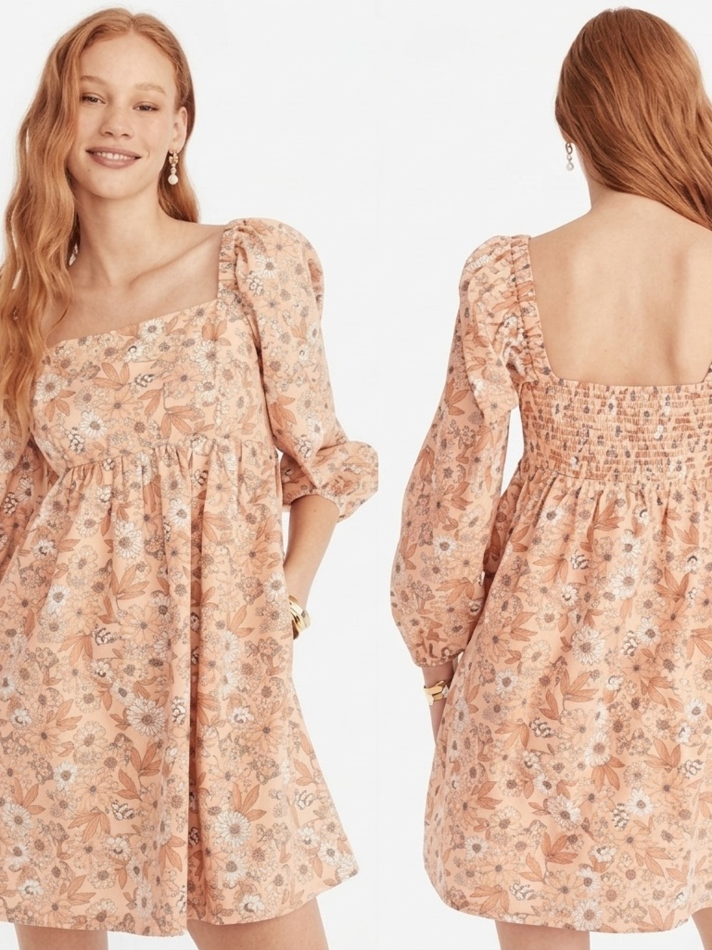 J. Crew Dress Medium Peach Brown Floral Cotton Babydoll Puff Sleeve Square Neck
